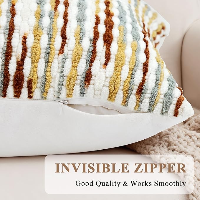 Boho Decorative Throw Pillow Covers 12x20 Inch, Chenille Tufted Pillow Cover Stripe Textured Lumbar Farmhouse Accent Pillowcase for Couch Sofa Bedroom Living Room, Red White Khaki Grey 1 Pack
