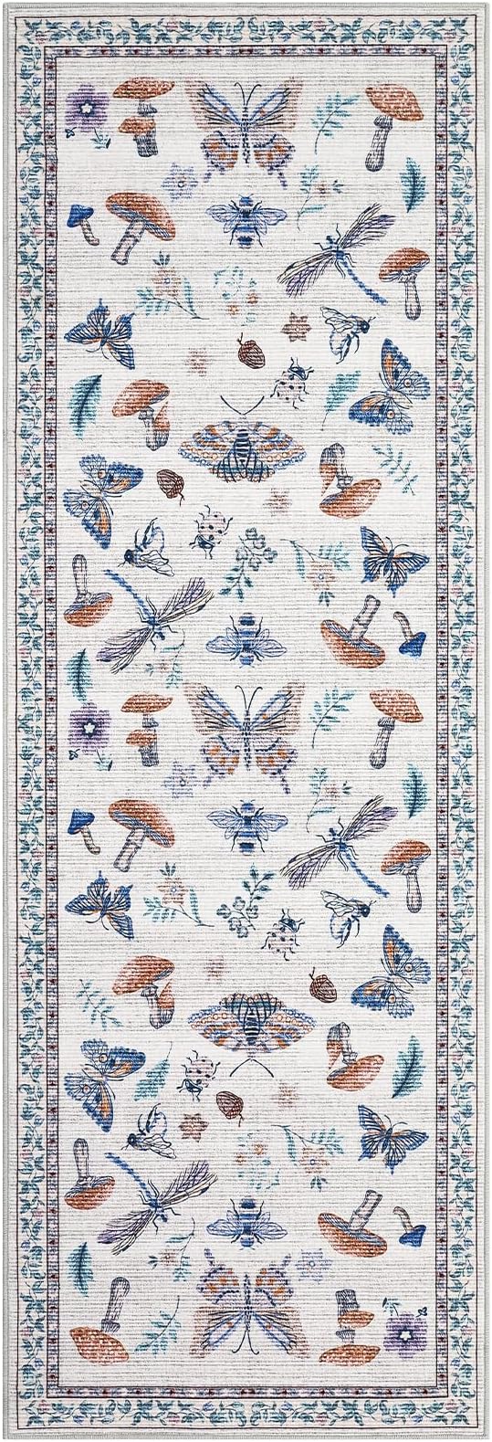 Mushroom Insect Rug 2x6 Runners for Hallways, Boho Kitchen Rugs Non Slip Bath, Modern Washable Runner Rug for Bedroom, Soft Long Rugs for Entryway Bathroom Laundry Dorm, Beige