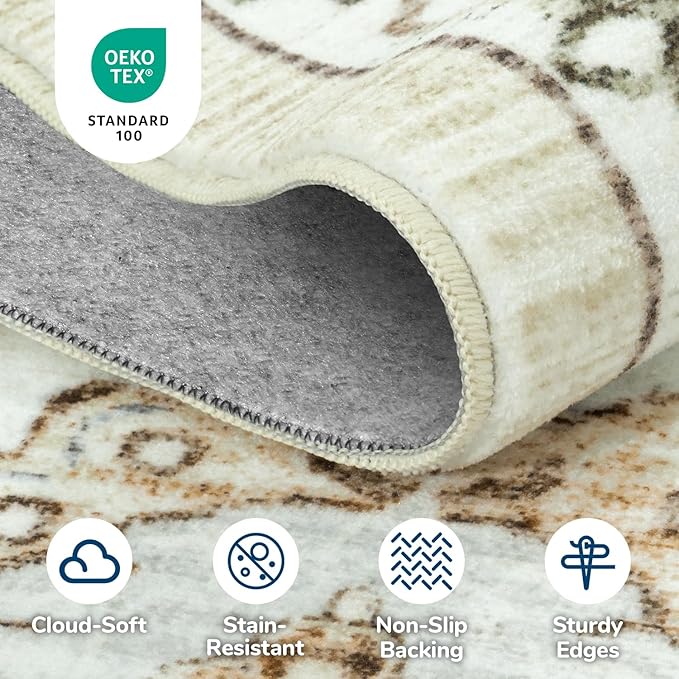 Lessymo 5x7 Area Rugs- Machine Washable Area Rugs, Super Soft Faux-Wool Area Rug for Living Room Bedroom, Boho Area Rug Vintage Floral Medallion Non-Slip Low Pile, Kid & Pet Friendly, Beige