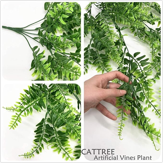 CATTREE Artificial Hanging Vines Plants Fake Boston Ivy Ferns 4 Pcs Plant, Faux Vine Greenery Leaves Rattan for Outdoor UV Resistant for Wall Indoor Hanging Baskets Wedding Party Garland Décor