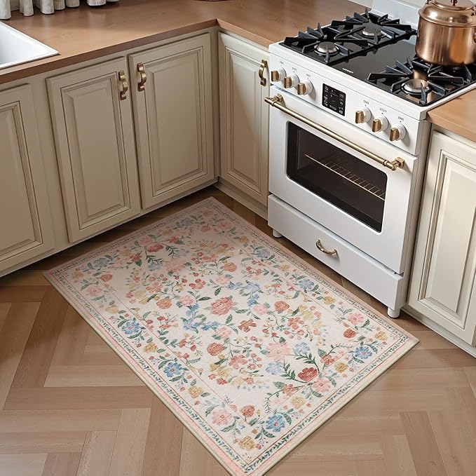AMOAMI Front Door Mat Indoor Entrance, 2x3 Machine Washable Floral Rugs for Entryway Rug Non Slip Ultra-Thin Soft Boho Small Area Rug Low Pile Throw Rugs for Entrance Kitchen Bathroom, Beige