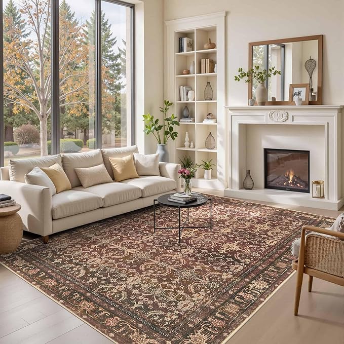 8x10 Area Rugs for Living Room Bedroom, Large Washable Christmas Rug, Vintage Oriental Boho Rug, Non Slip & Low Pile Faux Wool Thin Carpet for Indoor Dining Room and Kids Room(Red 8x10ft)