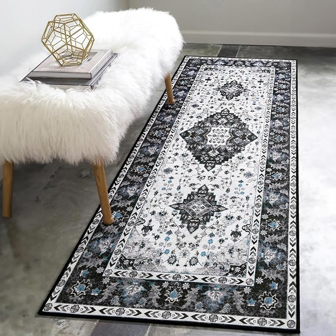 Amearea Vintage Design Runner Rugs for Living Room, 2x6 Machine Washable Floral Collection Traditional Bedroom Rug, Low Pile Cute Kids Room Print Carpet, No Slip Office Kitchen Home Decor, Black