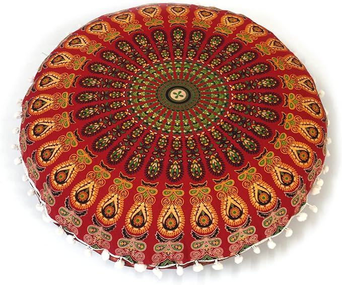 ICC 32 Inch Floor Pillows & Cushion Covers, Decorative Hippie Mandala Pouf Pillow Cover Bohemian Seating Meditation Cushion Cover, Large Boho Ottoman Case Pillowcase for Couch Round (Red)