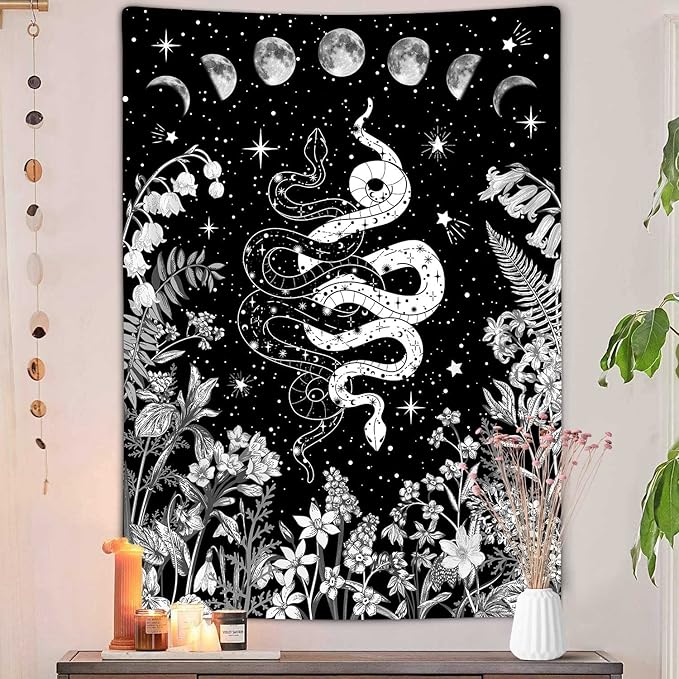 Witchy Snake Vertical Tapestry, Trippy Black and White Floral Moon Phase Cool Tarot Tapestry Wall Hanging for Bedroom Aesthetic, Nature Tapestries Poster Blanket College Dorm Decor (30X40)