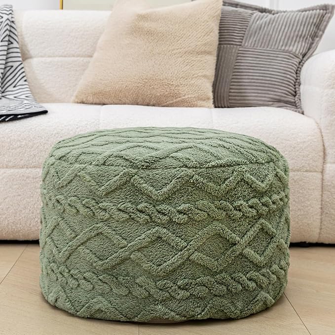 Round Pouf Ottoman Stuffed 20x12 Inches Floor Pouf Chair for Living Room Bedroom Modern Foam Pouf Ottoman Foot Rest for Couch Home Decor Pouffe Sage Green