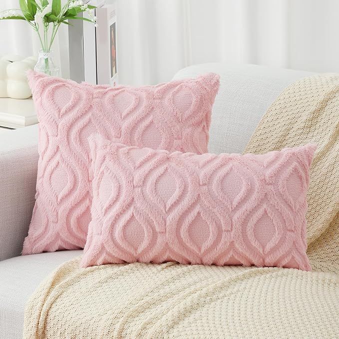 decorUhome Cozy Textured Throw Pillow Covers 20x20 Inch Set of 2, Soft Plush Faux Wool Light Pink Accent Couch Pillow Covers for Modern Farmhouse Sofa Bed Living Room