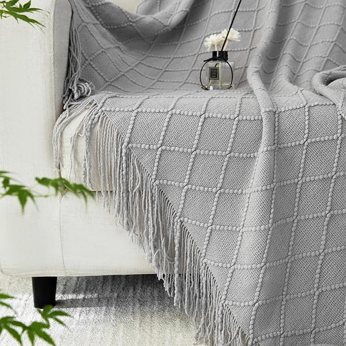 Throw Blanket for Couch Bed, Sofa Knit Blanket Farmhouse Throw for Living Room, Decorative Fall Throw Blanket for Chair, Outdoor Textured Boho Blanket（Grey 51x67In）