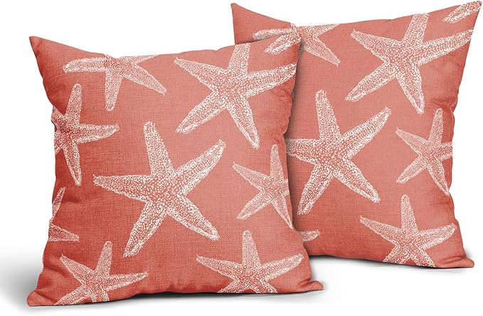 Kawani Beach Coral Starfish Pillow Covers 16X16 Inch Summer Nautical Coastal Ocean Decorative Pillow Cases Set of 2 Cotton Linen Throw Pillows Seasonal Home Decor for Sofa Couch Cushion Outdoor