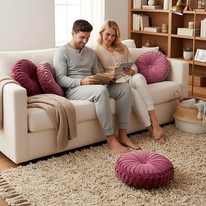 Round Throw Pillows Decorative Pleated Throw Pillows 15'' Diameter Accent Pumpkin Boho Chair Cushion for Couch Sofa Home Decoration(Dusty Rose,1 Pcs)