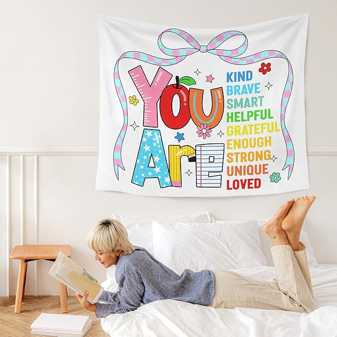 WARDOS Boho Positive Affirmations for Kids Tapestry, You Are Kind Inspirational Tapestry Wall Hanging, Coquette Bow Trendy Motivational Wall Blanket Decor for Kids Room Nursery Classroom, 50x60 Inch