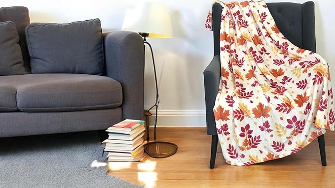 Fall Throw Blanket: Colorful Autumn Leaves, Burgundy Red Burnt Orange Yellow Print on Soft Fleece for Sofa Bed Couch Chair or Dorm