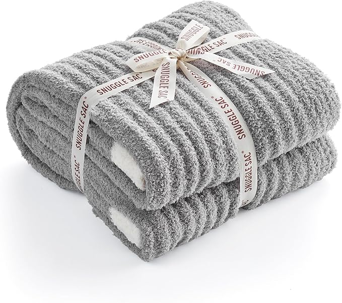 Snuggle Sac Soft Ribbed Throw Blanket for Couch, Microfiber Fluffy Knit Throws, Luxurious Fuzzy Blankets for Couch, Sofa, Travel, Grey, 50x60 inches