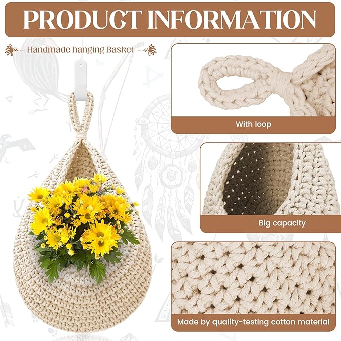 Hanging Fruit Baskets for Kitchen - 3 Pack Boho Wall Hanging Basket with 6 Pcs Strong Hooks, Handwoven Onion Storage Teardrop Home Onion Basket for Fruits Vegetable Potato Kitchen Storage (White)