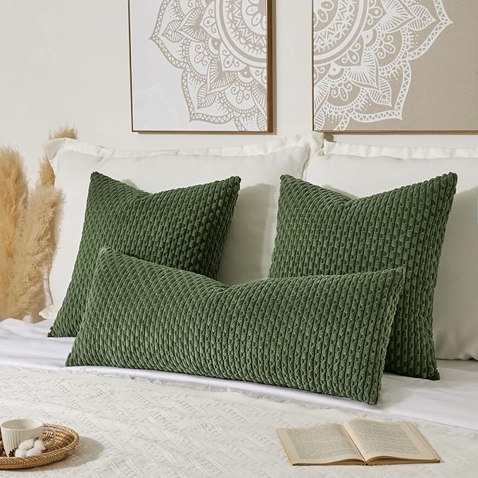 Kevin Textile Spring 14x36 Inch Long Lumbar 1 Pack Boho Decorative Throw Pillow Cover Soft Striped Corduroy Rectangle Cushion Case Solid Color Accent for Living Room Couch Sofa Bed, Moss Green