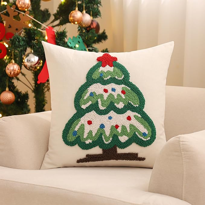 Tosleo Christmas Tufted Pillow Covers 18 x 18 inch Set of 2 Green Xmas Tree with Red Star Throw Pillow Cover Party Decor Winter Holiday Embroidery Cushion Case for Sofa Couch Bed Living Room