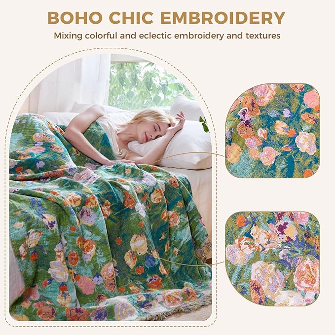 Boho Throw Blanket for Couch Sofa Chair Spring Cotton Blankets for Bedroom Living Room All Season Soft Lightweight Reversible Floral Embroidery Decorative Throws 50"x60" Home Decor