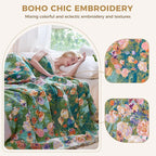 Boho Throw Blanket for Couch Sofa Chair Spring Cotton Blankets for Bedroom Living Room All Season Soft Lightweight Reversible Floral Embroidery Decorative Throws 50"x60" Home Decor