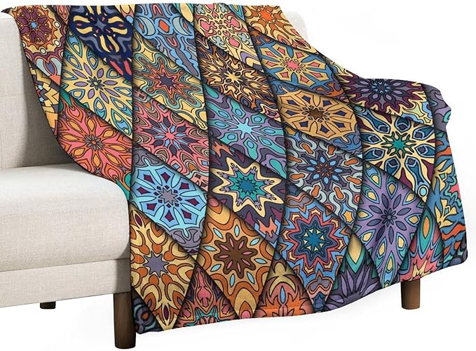 Vintage Bohemian Throw Blanket Colorful Mandala Indian Pattern Blanket for Sofa Bed Couch Chair Or Dorm 70"x80"
