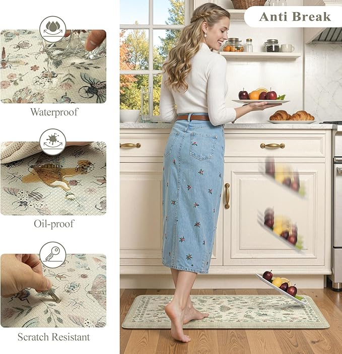 LEEVAN Anti Fatigue Mats for Kitchen Floor Non-Slip, Cushioned Kitchen Mats for Floor 20''x31'', Tan Memory Foam Kitchen Mat Set, Waterproof Ergonomic Standing Mat for Bar, Office,Desk, Laundry