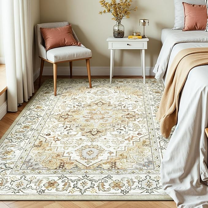 Lessymo 5x7 Area Rugs- Machine Washable Area Rugs, Super Soft Faux-Wool Area Rug for Living Room Bedroom, Boho Area Rug Vintage Floral Medallion Non-Slip Low Pile, Kid & Pet Friendly, Beige