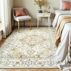 Lessymo 5x7 Area Rugs- Machine Washable Area Rugs, Super Soft Faux-Wool Area Rug for Living Room Bedroom, Boho Area Rug Vintage Floral Medallion Non-Slip Low Pile, Kid & Pet Friendly, Beige