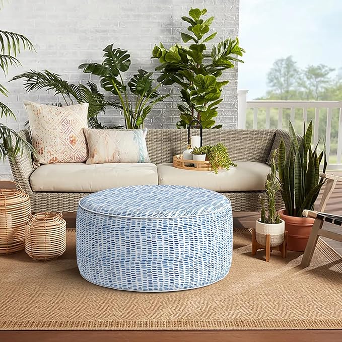 Indoor/Outdoor Inflatable Ottoman, All Weather Ottoman Pouf D31 x H14 inch, Round Foot Rest Ottomans, Portable Footstool for Patio, Garden, Porch, Home, Pebble Blue