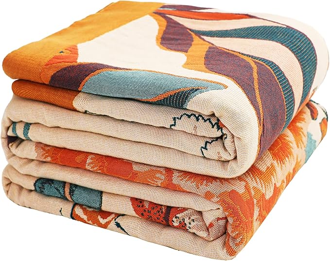 Boho Throw Blanket, 100% Cotton Breathable Soft Bed Throw - Floral Bird Farmhouse Decor Blanket for Sofa Couch Chair Quilt and Gift. 80" x 90"- Beige
