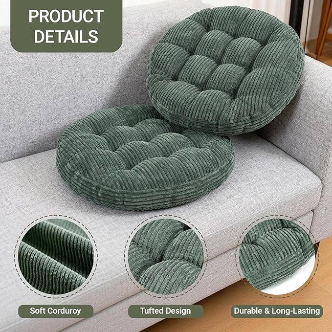 Large Floor Pillow for Adults, 22x22" Memory Foam Floor Cushion with Corduroy Cover, Round Floor Sitting Cushions for Meditation, Lounge,Seating for Yoga, Tatami Living Room (2, Round-Dark Green)
