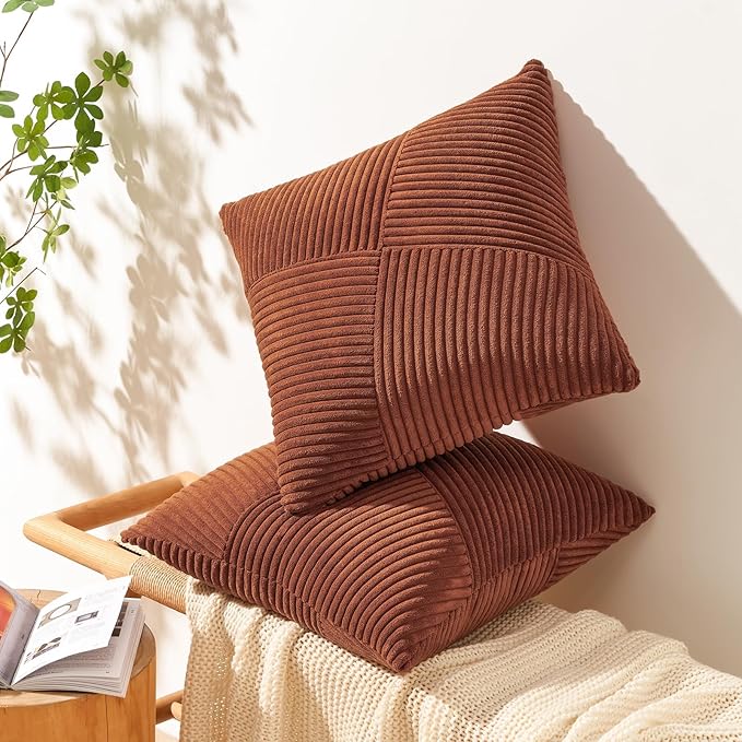 Topfinel Set of 2 Decorative Terracotta Throw Pillow Covers 12x12 Inch, Soft Corduroy Pillow Covers Windmill Textured Striped Patchwork Cushion Cases for Couch Sofa Bed Cute Aesthetic Home Decor