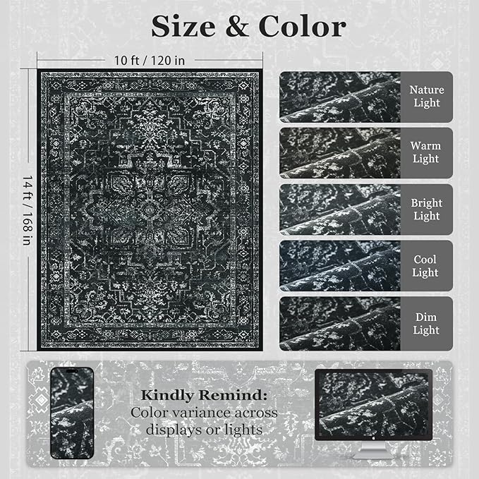 Black White Large 10x14 Area Rugs, Washable Non Slip Big Rug for Living Room Bedroom, Distressed Medallion Vintage Dark Big Carpet Rugs for Dinig Room Family Rooms, Low Pile Thin