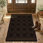 Outdoor Indoor Checkered Entryway Rug 3x4, Washable Durable Non-Slip Low Pile Boho Easy Jute Rug for Porch, Kitchen, Patio & Backyard, Modern Dark Brown Diamond Geometric Pattern Stain Resistant