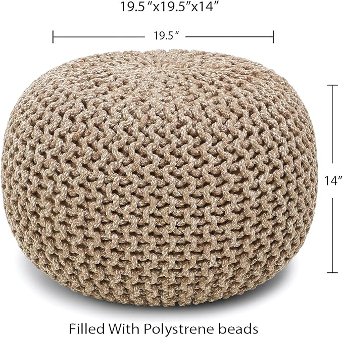 REDEARTH · Round Pouf Ottoman - Hand Knitted Cable Boho Poof Home Décor Pouffe Circular Footrest for Living Room - Nursery - Bedroom - Lounge 100% Cotton (19.5"x19.5"x14") - Beige Ivory, Set of 2