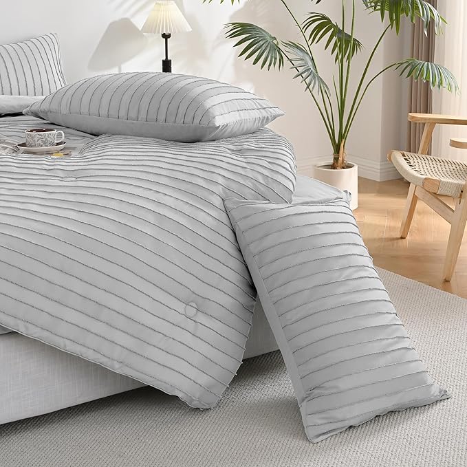JELLYMONI Pillowcases Standard Size Light Grey 2 Pack Boho Striped Bed Pillow Covers 20x26in Polyester Envelope Pillow Shams Tufted Bohemian Textured (Pillows are not Included)