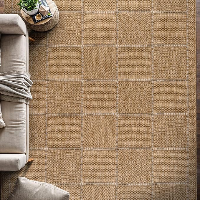 Beverly Rug Easy Jute Checkered Squared Rug 4x6 Washable Durable Indoor Outdoor Area Rugs for Living Dining Room Patio Office Stain Resistant Non Shedding Casual Indoor Outside Carpet 4 x 6 Natural
