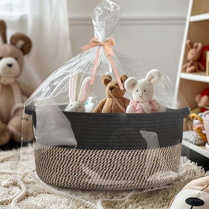 Woven Basket for Storage, 17"x12"x8" Black Cotton Rope Spliced Jute Wicker Basket for Toy, Book, Towel, Cloth, Shoe, Decorative Wicker Storage Bin for Shelves, Closet, Bathroom, Living Room