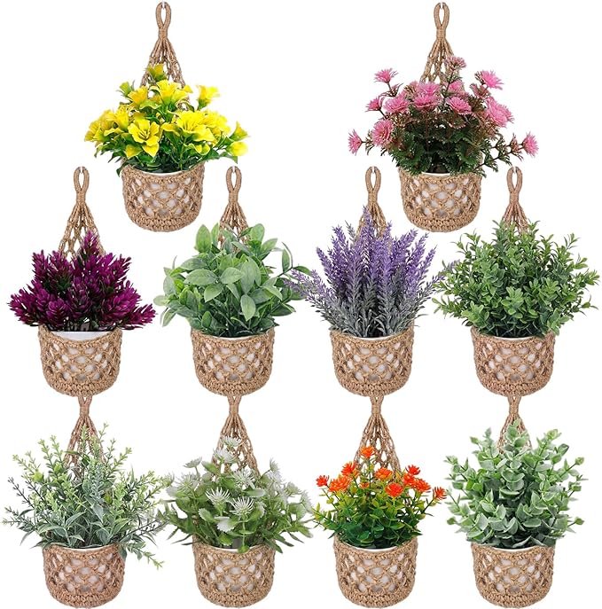 10 Pack Macrame Wall Plant Hanger with Artificial Pot Flower - Boho Wall Hanging Planter for Indoor Plant Cotton Rope Holder with Mini Fake Pot Flower for Home Wedding Decor Gift(Jute)