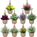 10 Pack Macrame Wall Plant Hanger with Artificial Pot Flower - Boho Wall Hanging Planter for Indoor Plant Cotton Rope Holder with Mini Fake Pot Flower for Home Wedding Decor Gift(Jute)