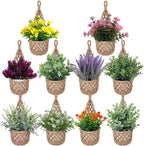 10 Pack Macrame Wall Plant Hanger with Artificial Pot Flower - Boho Wall Hanging Planter for Indoor Plant Cotton Rope Holder with Mini Fake Pot Flower for Home Wedding Decor Gift(Jute)