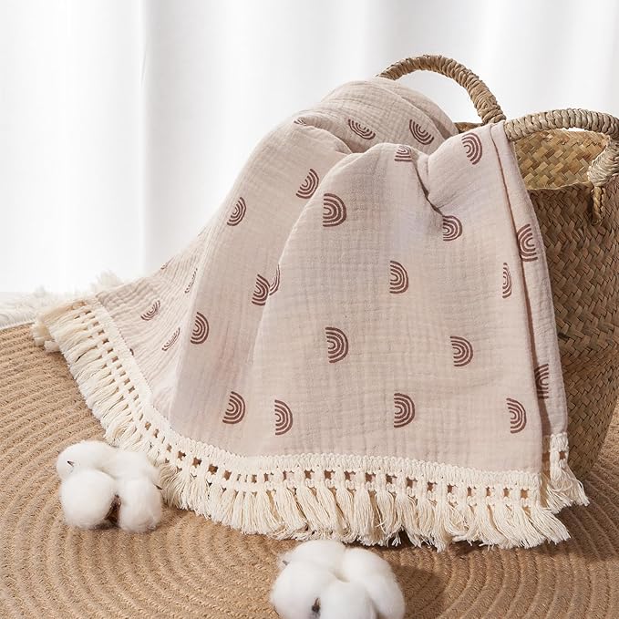 insular Cotton Muslin Baby Blanket with Tassel, Boho Bohemian Muslin Swaddle Blanket Baby Receiving Blanket with Fringe, Nursery Decor Throw or Nursing Blankets, 47" x40”, Khaki Rainbow