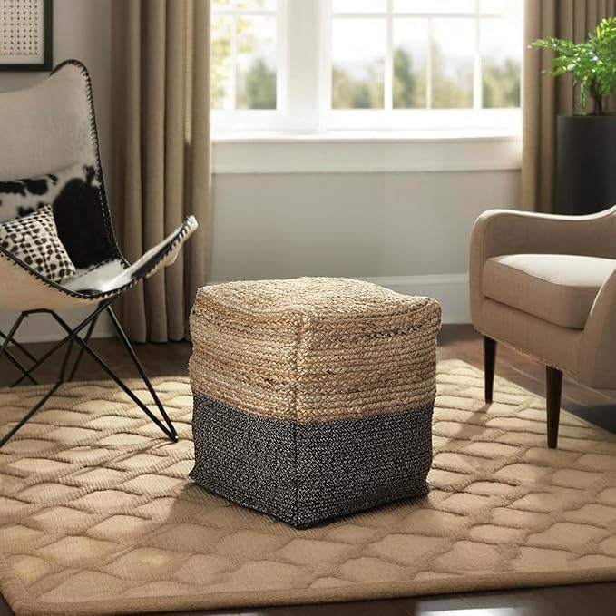 Signature Design by Ashley Sweed Valley Farmhouse Jute Braided Pouf, 17.5 x 20.25 inches, Natural & Black