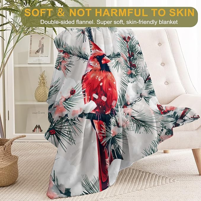 Snowy Red Cardinal Fleece Blanket - Lightweight Soft Cozy Gifts Throw for Animal Lovers,Kids,Women,Winter Snow-Covered Pine Branch Blankets,Home Room Modern Festive Decor 50x60in