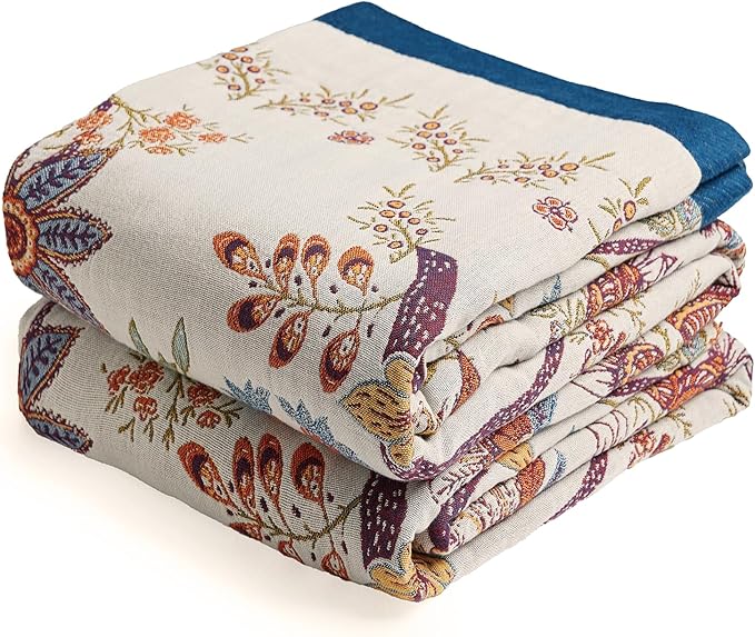 Boho Throw Blanket, 100% Organic Cotton Breathable Skin-Friendly Ultra Soft Bed Quilt Throw - All Season Floral Farmhouse Décor Luxury Blanket for Sofa Couch Chair and Gift. 60" x 80"