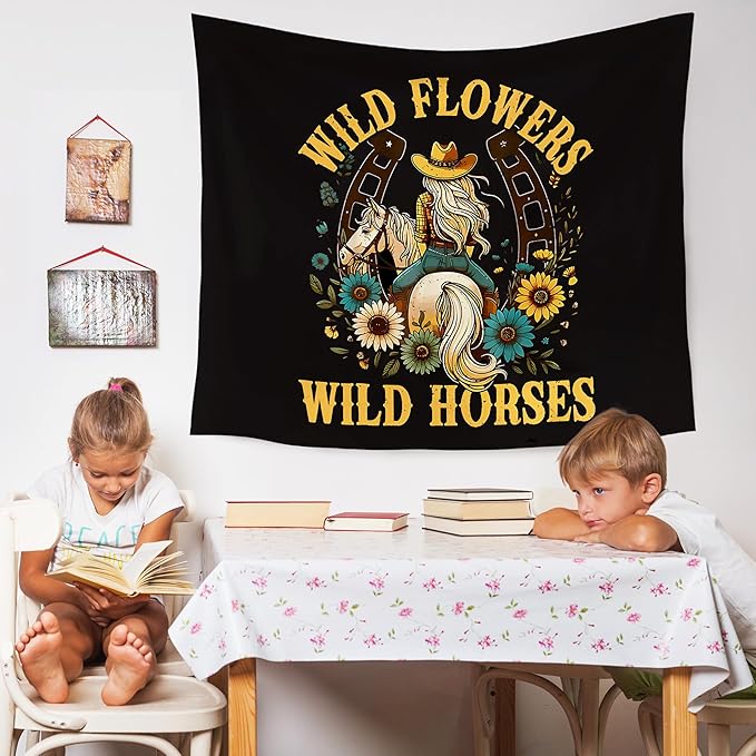 WARDOS Western Cowgirl Tapestry, Vintage Western Tapestry Wall Hanging, Retro Country Wild Wildflower Wild Horses Wall Blanket Decor for Girls Room Dorm Apartment Bedroom, 50x60 Inch