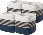 UBBCARE Set of 4 Storage Cubes 13 X 13 X 13 in, Water Hyacinth Storage Bins for Shelves, Toys, Book, Storage Baskets with Handles, Cotton Rope Woven Baskets for Organizing, Navy Blue