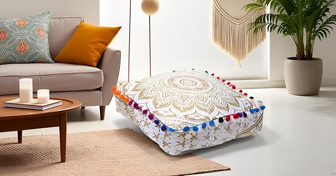 CRAFT KALA 24" Square Large Hippie Mandala Meditation Floor Ottoman Pillow Cushion Pouf Cover Square Poufs Bohemian Circle Floor Cushion Case Outdoor Fireplace Living Room Decor Cover Golden Ombre