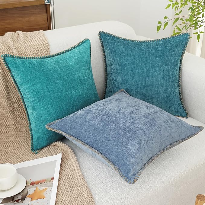 decorUhome Summer Chenille Soft Cozy Throw Pillow Covers 22x22 Set of 2, Modern Farmhouse Boho Velvet Decorative Euro Sham Pillow Cases with Stitched Edge for Couch Sofa Bed Home Decor, Turquoise