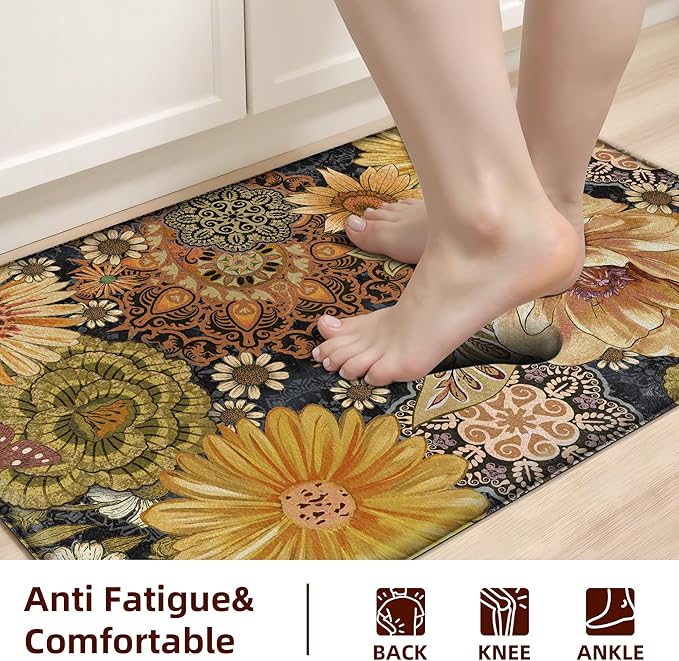 Boho Floral Kitchen Mats for Floor 2PCS Anti Fatigue Mats for Kitchen Floor Cushioned Non Slip Waterproof Memory Foam PVC Kitchen Rugs Set for Sink,Office,Laundry 17.3"x28"+17.3"x47"