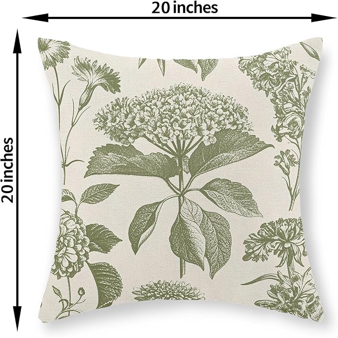 Sage Green Pillow Covers 20x20 Set of 2 Boho Floral Hydrangea Herbs Botanical Throw Pillow Cover Outdoor Decoration Pillow Cases Vintage Flower Linen Cushion Case Decorative for Couch Sofa