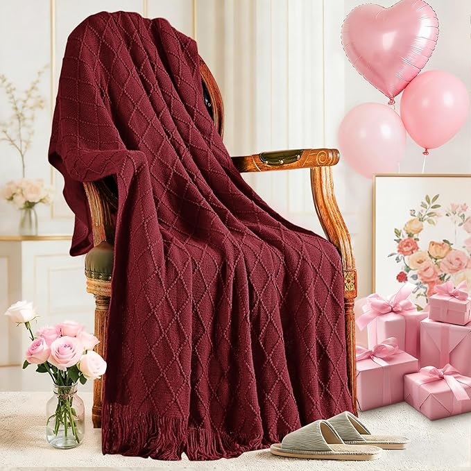 inhand Claret Knitted Throw Blanket for Couch Bed, Mothers Day/Mom Birthday Gifts for Mom from Daughter Son, Soft Lightweight with Tassels, Farmhouse Warm Decorative Blanket for Women, 60"x80"